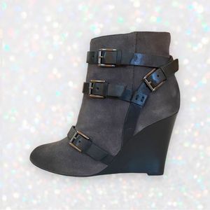 Rebecca Minkoff Maggie Gray Sueded Leather Belted Straps Booties